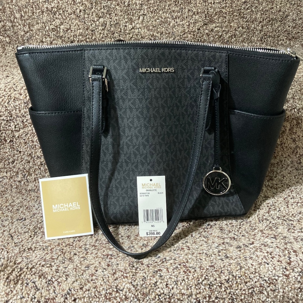 Michael Kors Charlotte Women`s LG TZ Tote PVC Pebbled Bag Black (35T0SCFT3B)